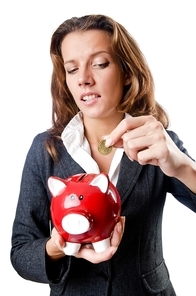 Woman with piggybank on white