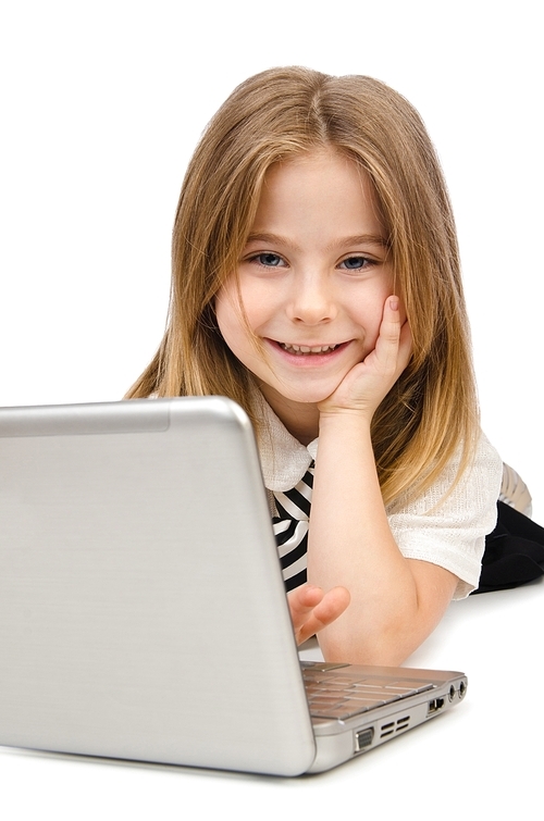 Cute girl with laptop on white