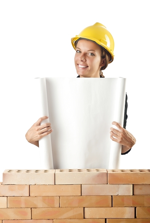 Businesswoman with drawings near brick wall