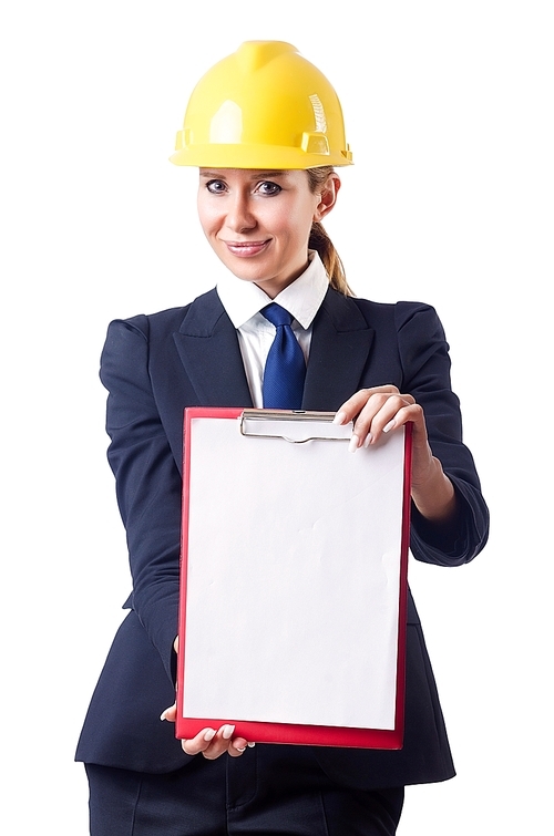 Businesswoman with helmet on white