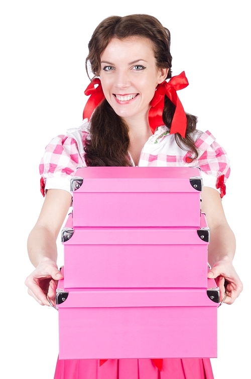 Young woman with storage boxes on white