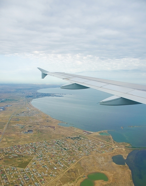 Airplane wing out of window