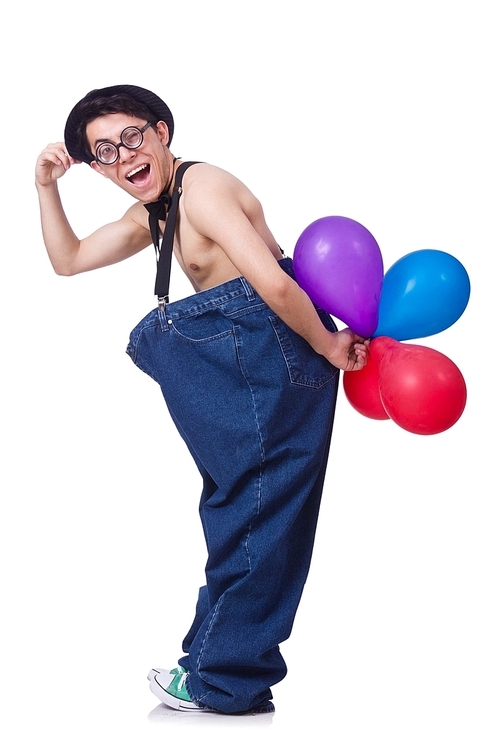 Funny man with balloons on white