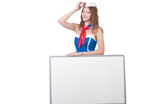 Young woman with blank board on white