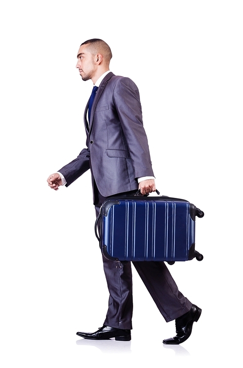 Businessman with luggage on white