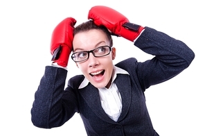 Woman with boxing gloves on white