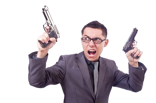 Funny businessman with gun on white