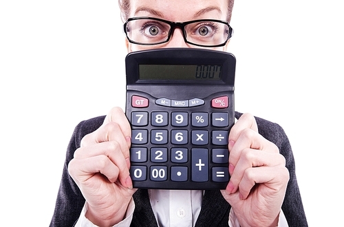 Funny accountant with calculator on white