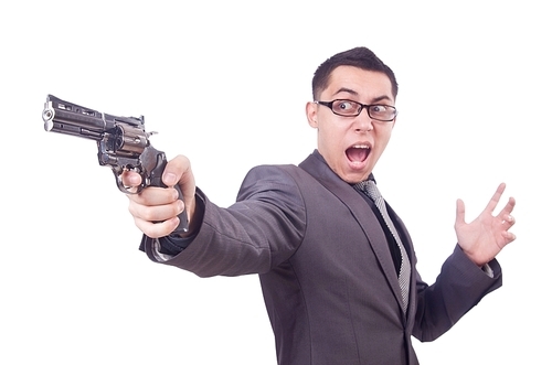 Funny businessman with gun on white