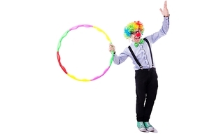 Funny clown with hula hoop on white