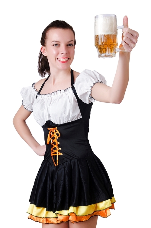 Young waitress with beer on white