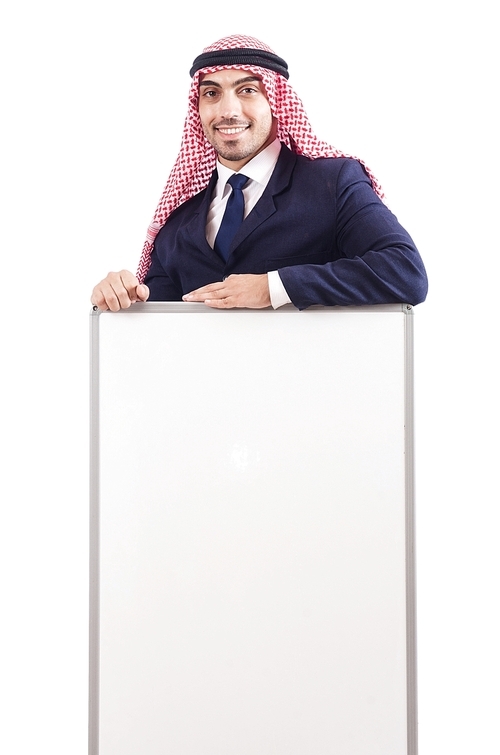 Arab man with blank board for message