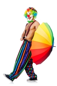 Clown with umbrella isolated on white