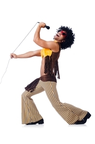 Man with afrocut and mic isolated on white