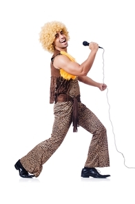 Man with afrocut and mic isolated on white