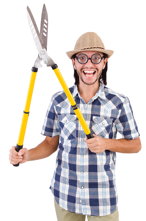 Funny guy with garden shears on white