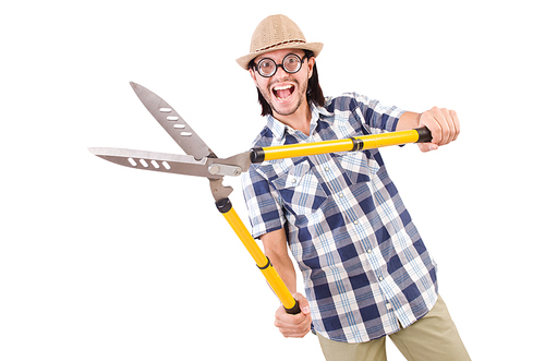 Funny guy with garden shears on white