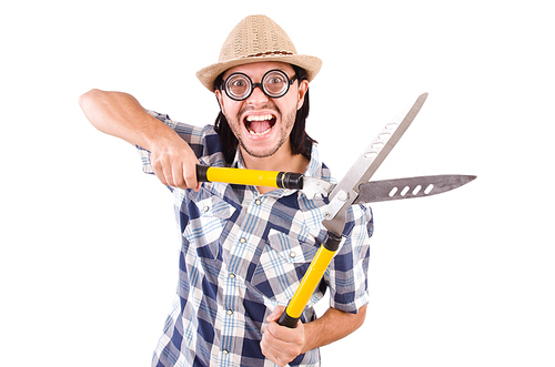 Funny guy with garden shears on white