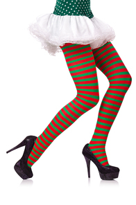 Woman legs in striped stockings on white