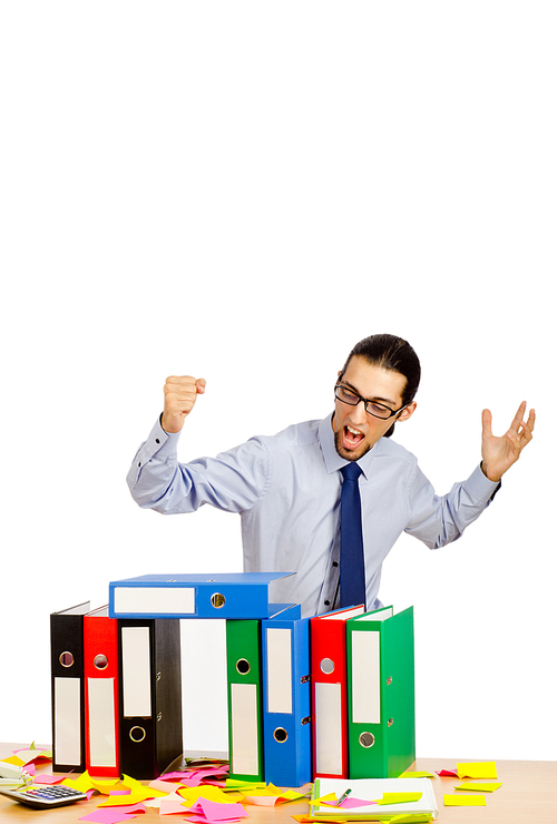Businessman with many folders on white