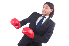 Businessman with boxing gloves on white