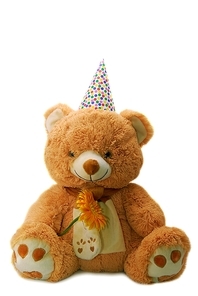 toy bear with birthday hat isolated on white