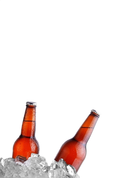 brown bottles of beer chilling on ice