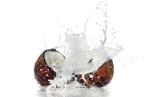 cracked coconut with big splash|isolated