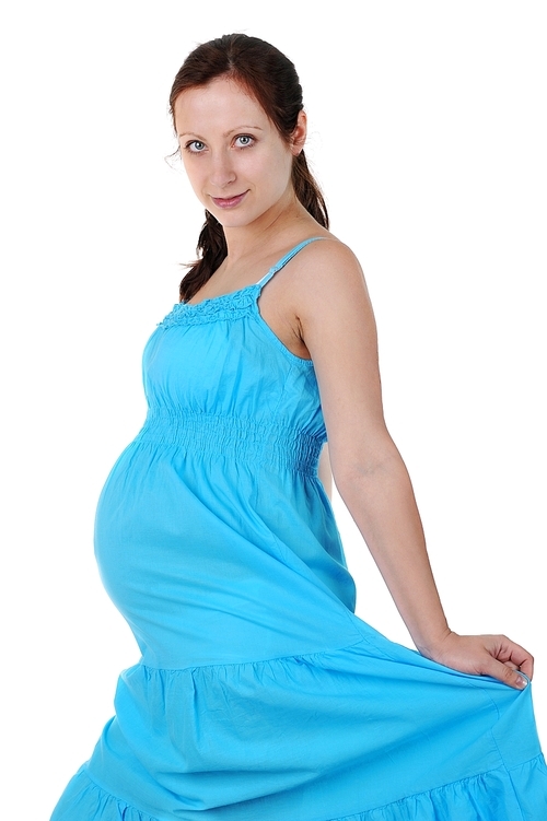 beautiful pregnant woman in  blue dress. portrait