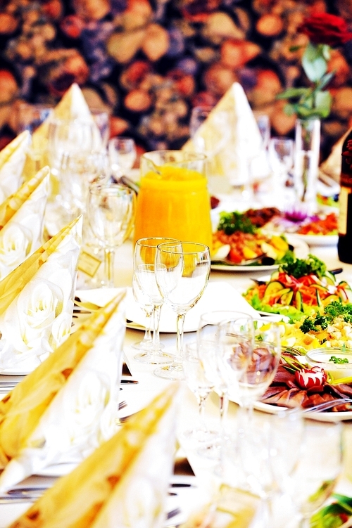 Wedding reception place ready for guests. table with food and drink