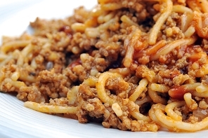 macaroni with meat and tomato close up