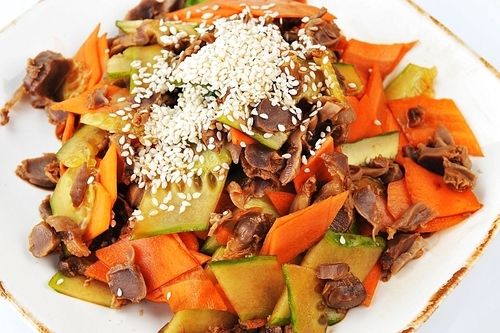 steamed vegetables and  meat with sesame. Chinese cuisine