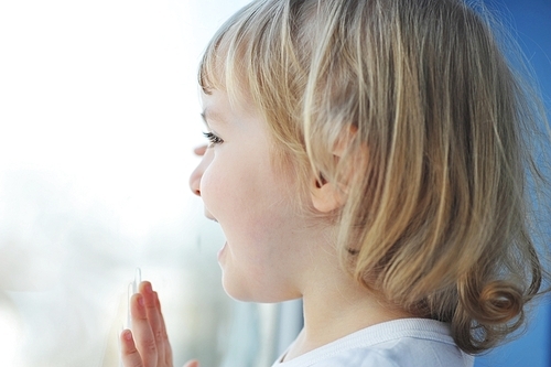 Beautiful  little girl is by window portrait