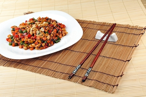 steamed s and meat with  peanut on plate. chinese cuisine.