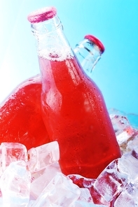 bottles with  tasty drink in ice