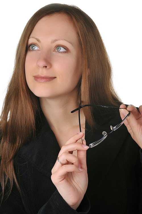 businesswoman in black jacket with glasses