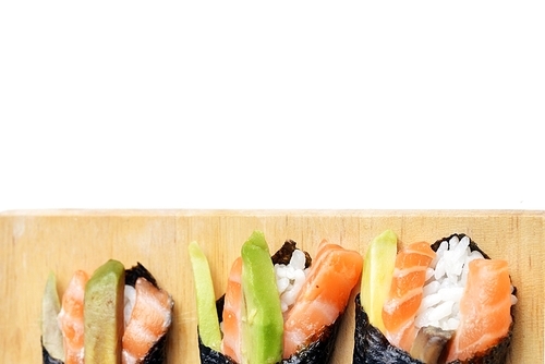 tasty fresh sushi cone on wooden plate