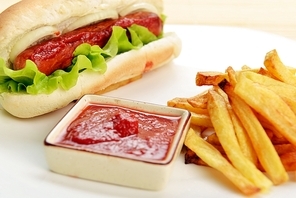 Tasty and appetizing  hot dog with fries on white plate
