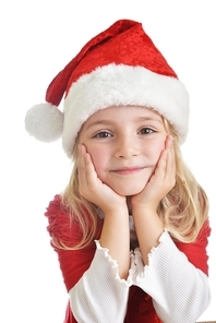 little girl in red santa hat on white background. portrait