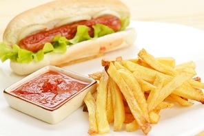 Tasty and appetizing  hot dog with fries on white plate