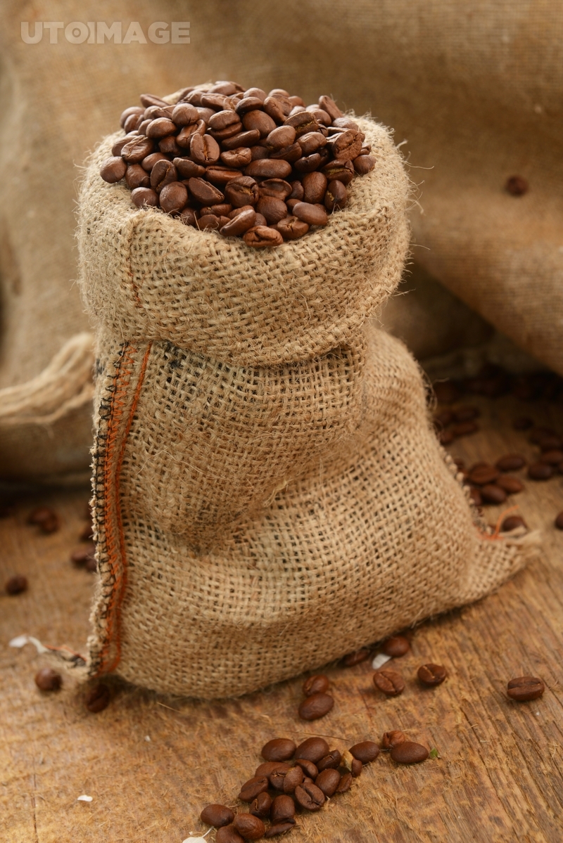 유토이미지 | Roasted coffee beans in jute sack on wooden background