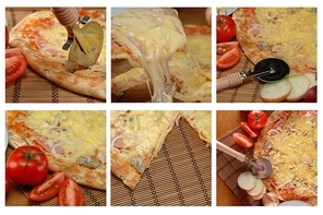collage of different pizza pictures