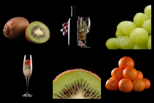 Wine and fruits on black background colage