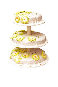 Wedding cake with white frosting and flowers of cream