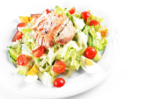 Fresh salad with lettuce|cherry  tomato and meat on dish