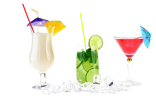 Collection of cocktail drinks in special goblets