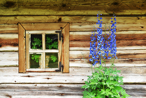 Old-fashioned window of wooden house