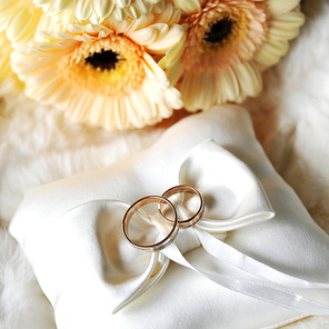 elegand wedding rings on white pillow
