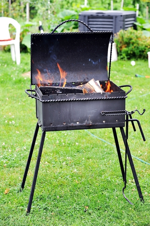 brazier with shining fire wood on  green lawn