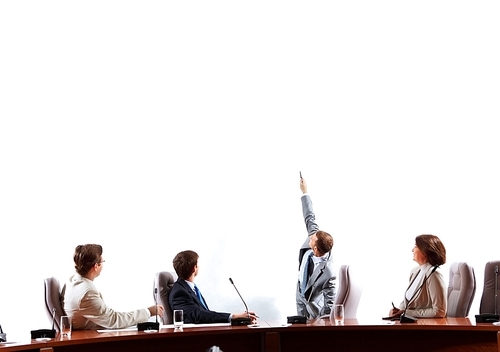 Image of businesspeople at presentation looking at screen. Space for advertisment